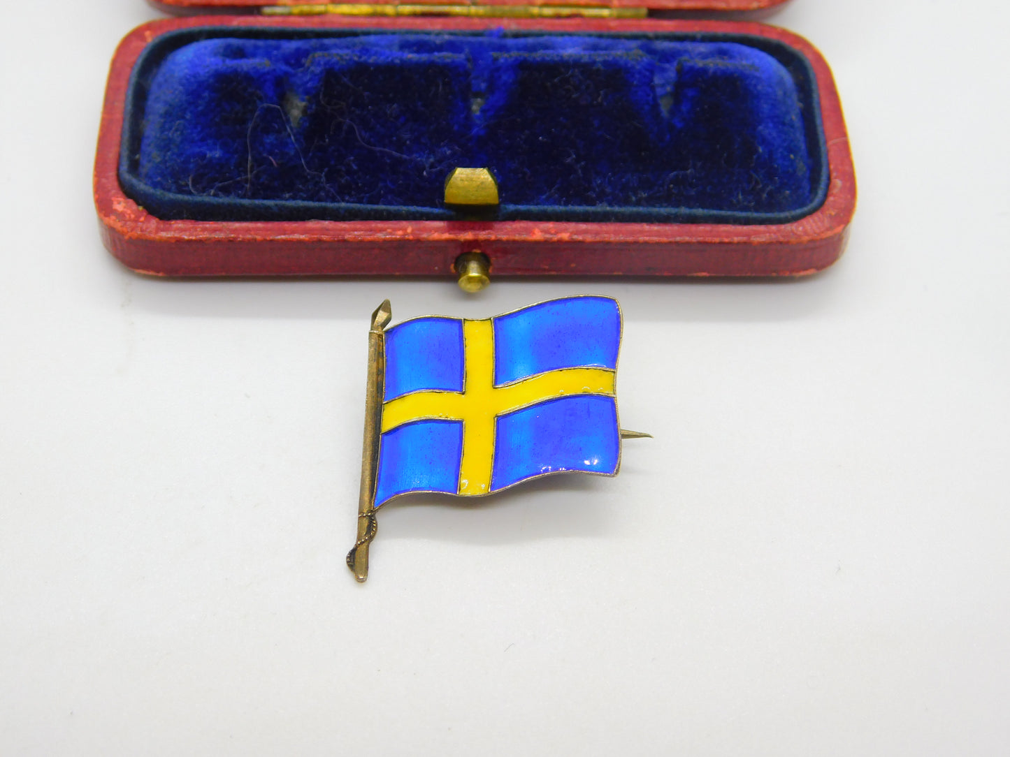 Sterling Silver Gilt & Colourful Enamel Swedish Flag Brooch Antique c1920 Deco