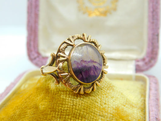 9ct Yellow Gold & Derbyshire Blue John Dress Ring Vintage 1973 Birmingham