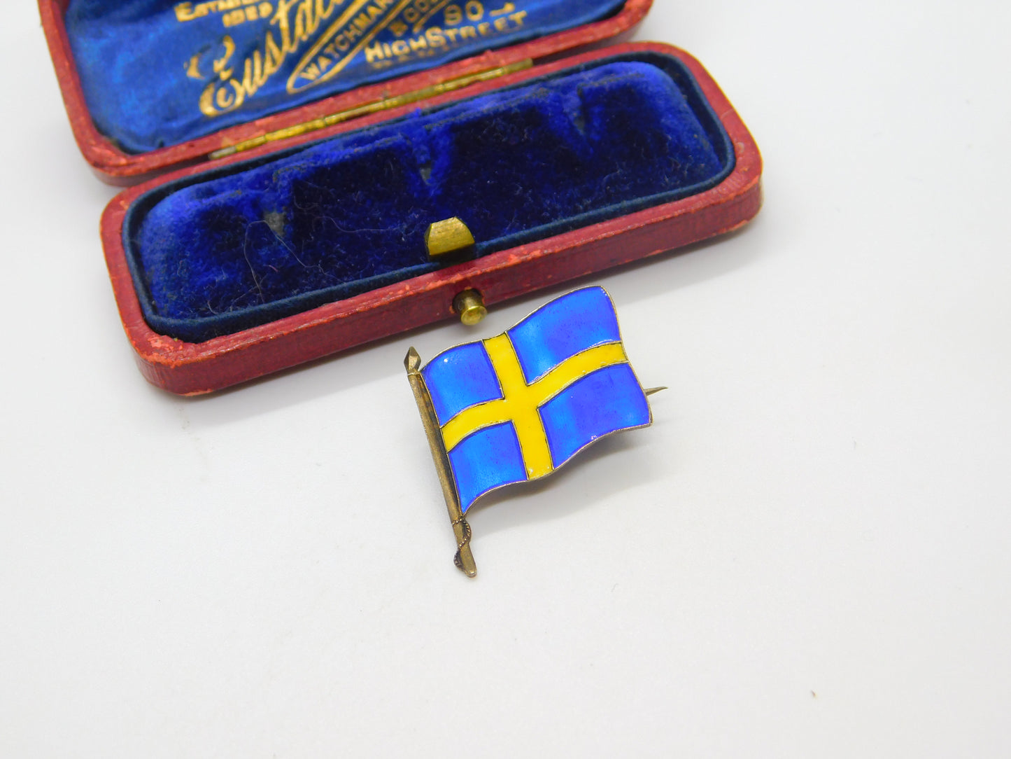 Sterling Silver Gilt & Colourful Enamel Swedish Flag Brooch Antique c1920 Deco