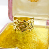 9ct Yellow Gold Band Ring Wreath & Leaf Form Detail Vintage c1990 Birmingham