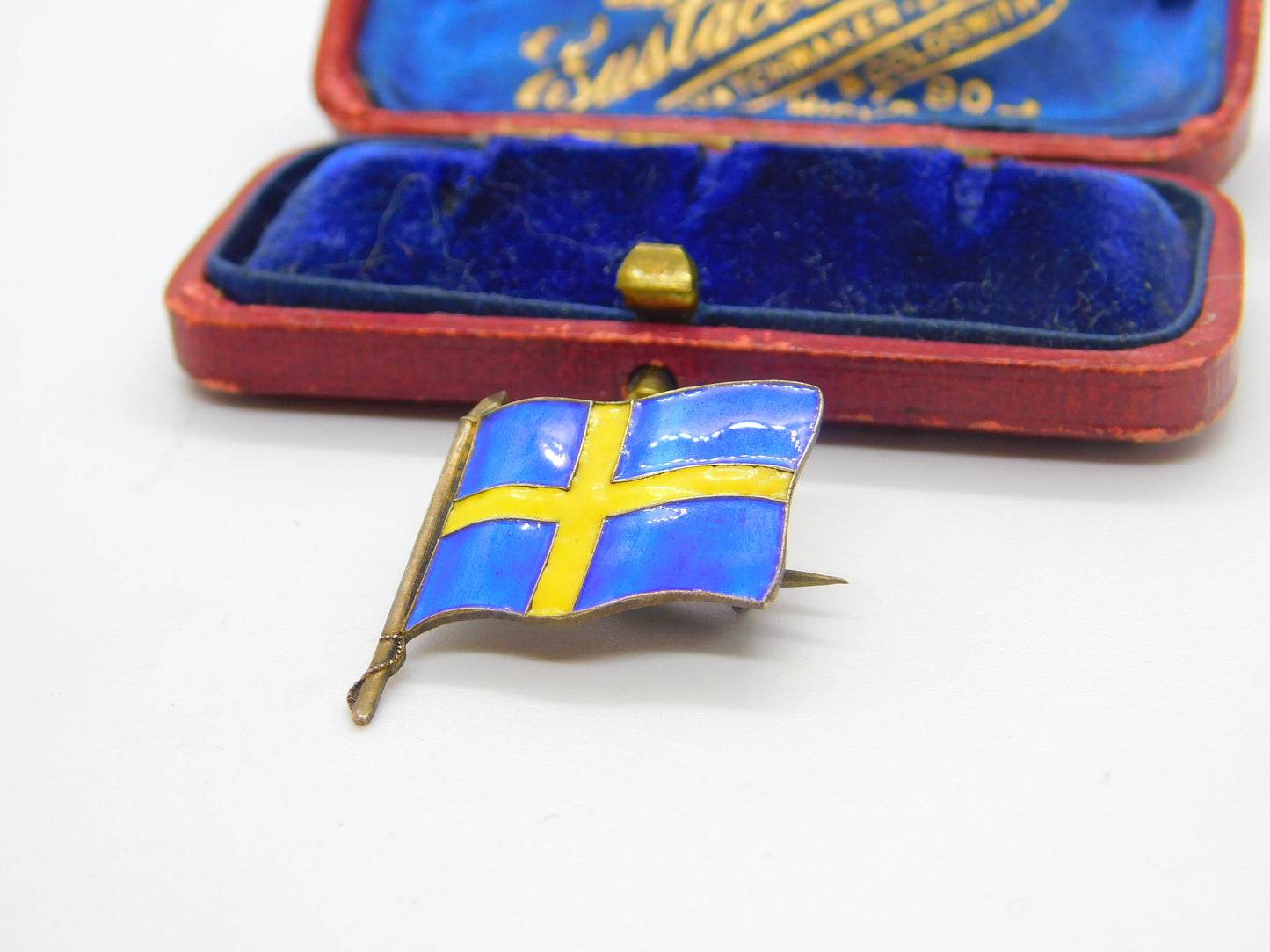 Sterling Silver Gilt & Colourful Enamel Swedish Flag Brooch Antique c1920 Deco