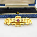 9ct Yellow Gold, Tourmaline & Seed Pearl Etruscan Mourning Brooch Antique 1911 Chester