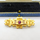 9ct Yellow Gold, Tourmaline & Seed Pearl Etruscan Mourning Brooch Antique 1911 Chester