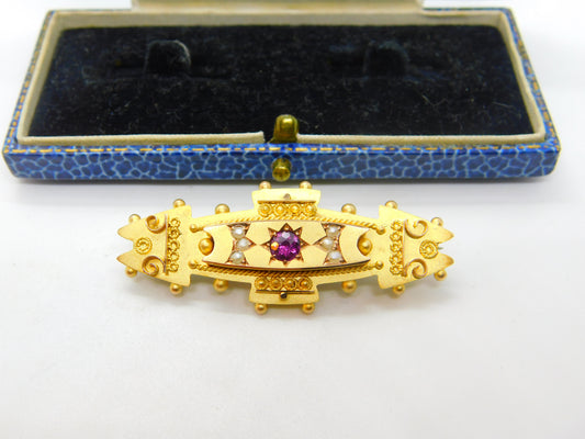 9ct Yellow Gold, Tourmaline & Seed Pearl Etruscan Mourning Brooch Antique 1911 Chester