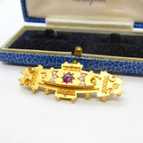 9ct Yellow Gold, Tourmaline & Seed Pearl Etruscan Mourning Brooch Antique 1911 Chester