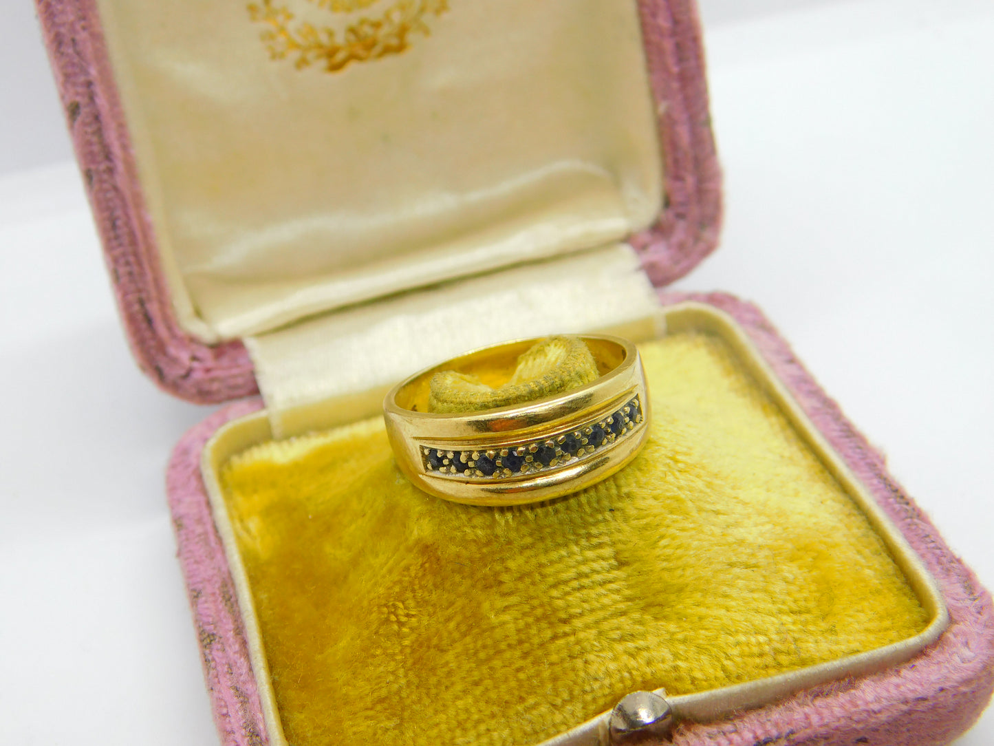 9ct Yellow Gold & Sapphire Set Boat Ring Vintage c1970 Size R 1/2 UK