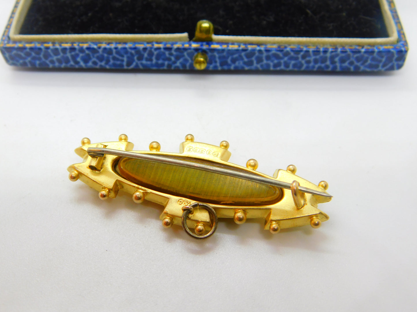 9ct Yellow Gold, Tourmaline & Seed Pearl Etruscan Mourning Brooch Antique 1911 Chester