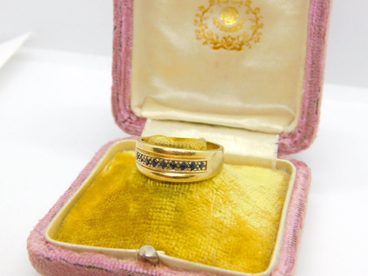 9ct Yellow Gold & Sapphire Set Boat Ring Vintage c1970 Size R 1/2 UK