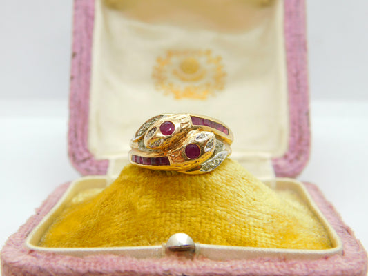 9ct Gold Baguette Ruby & Diamond Twisted Snake Serpant Ring Vintage c1980