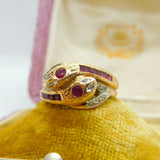 9ct Gold Baguette Ruby & Diamond Twisted Snake Serpant Ring Vintage c1980