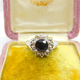 9ct White Gold, Garnet & White Sapphire Floral Cluster Ring Vintage 2006