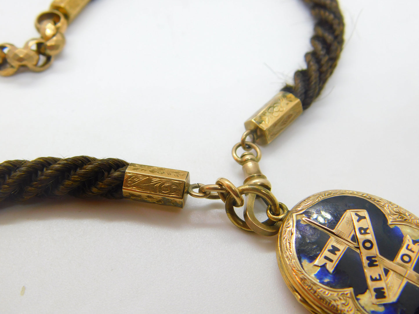 Victorian Woven Hair Pinchbeck Mourning Necklace with 9ct Enamel Memory Locket