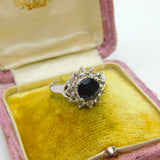 9ct White Gold, Garnet & White Sapphire Floral Cluster Ring Vintage 2006