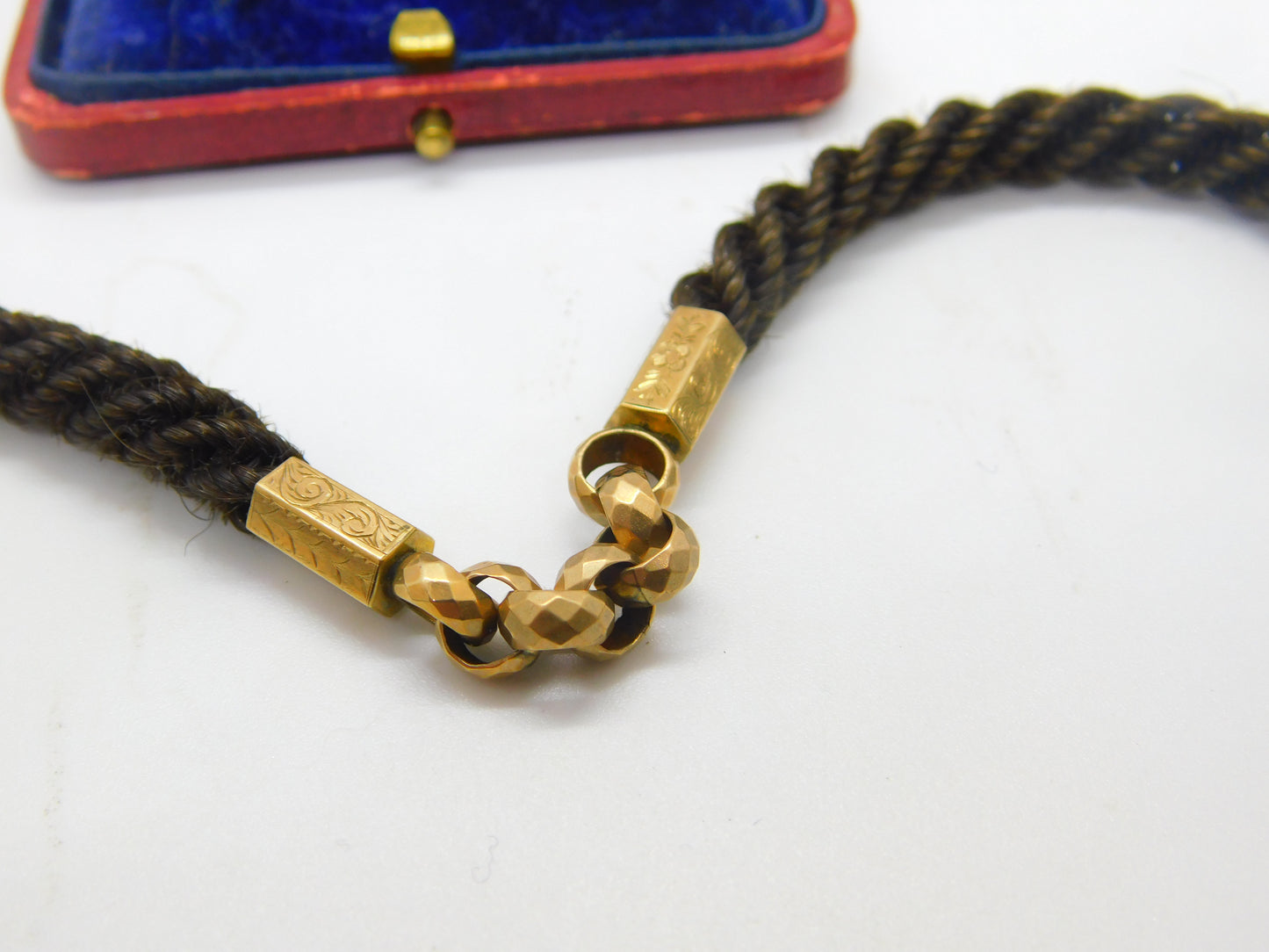 Victorian Woven Hair Pinchbeck Mourning Necklace with 9ct Enamel Memory Locket