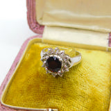 9ct White Gold, Garnet & White Sapphire Floral Cluster Ring Vintage 2006