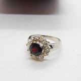 9ct White Gold, Garnet & White Sapphire Floral Cluster Ring Vintage 2006