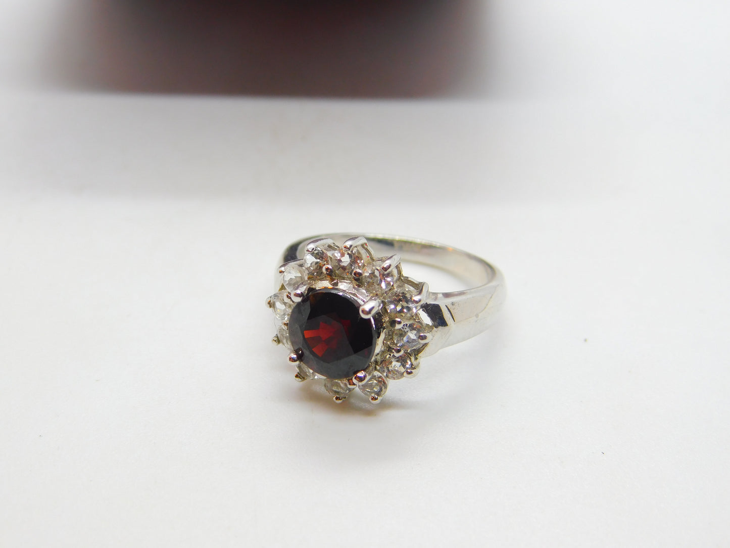 9ct White Gold, Garnet & White Sapphire Floral Cluster Ring Vintage 2006