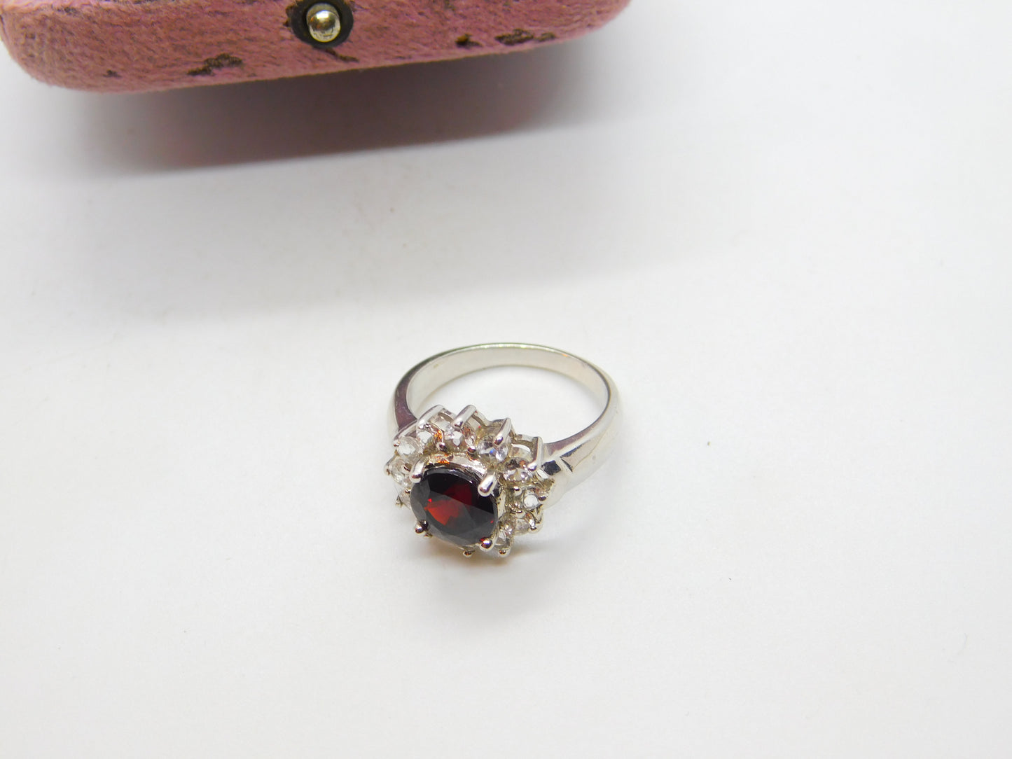 9ct White Gold, Garnet & White Sapphire Floral Cluster Ring Vintage 2006