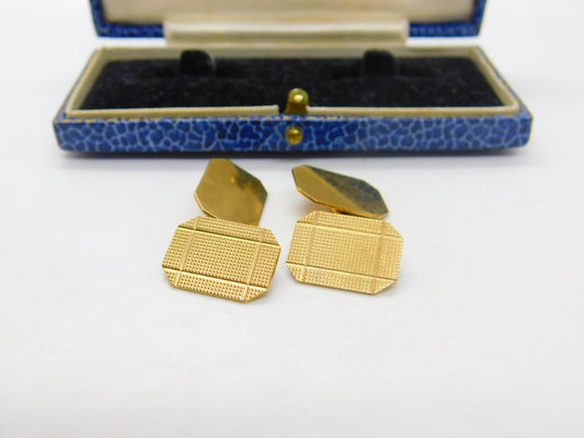 9ct Yellow Gold Gents Engine Turned Cufflinks Antique 1941 Birmingham Art Deco