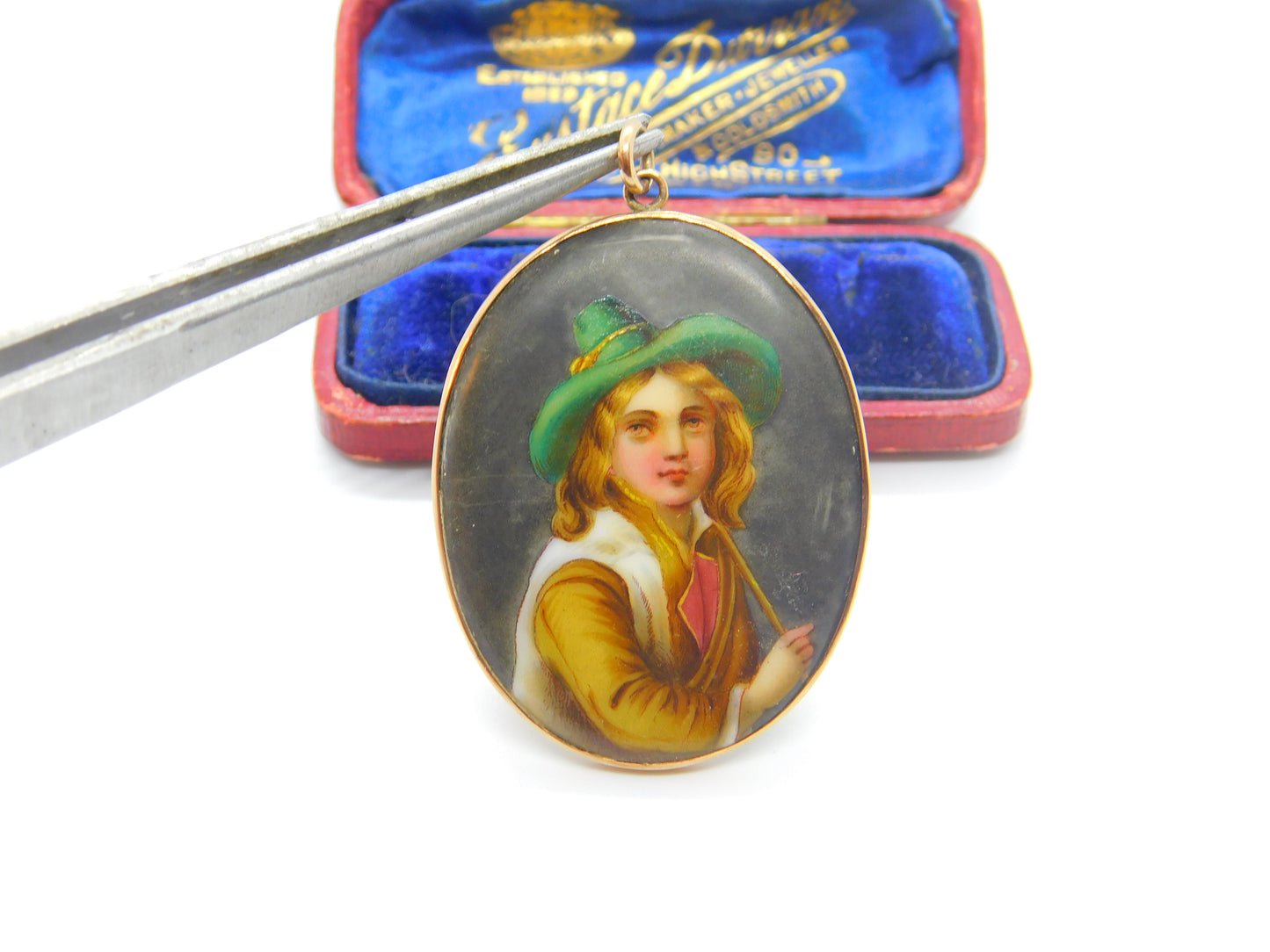 Victorian 9ct Rose Gold Mounted Painted Porcelain Portrait Pendant Antique c1880