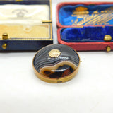 Victorian 9ct Gold & Banded Agate Target Mourning Brooch Antique c1880