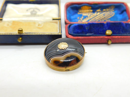 Victorian 9ct Gold & Banded Agate Target Mourning Brooch Antique c1880