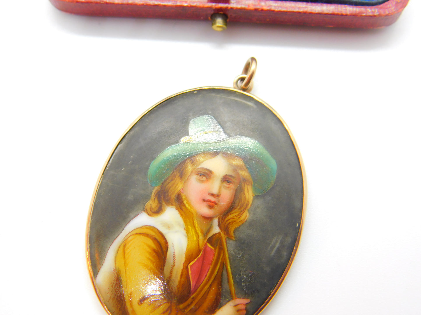 Victorian 9ct Rose Gold Mounted Painted Porcelain Portrait Pendant Antique c1880