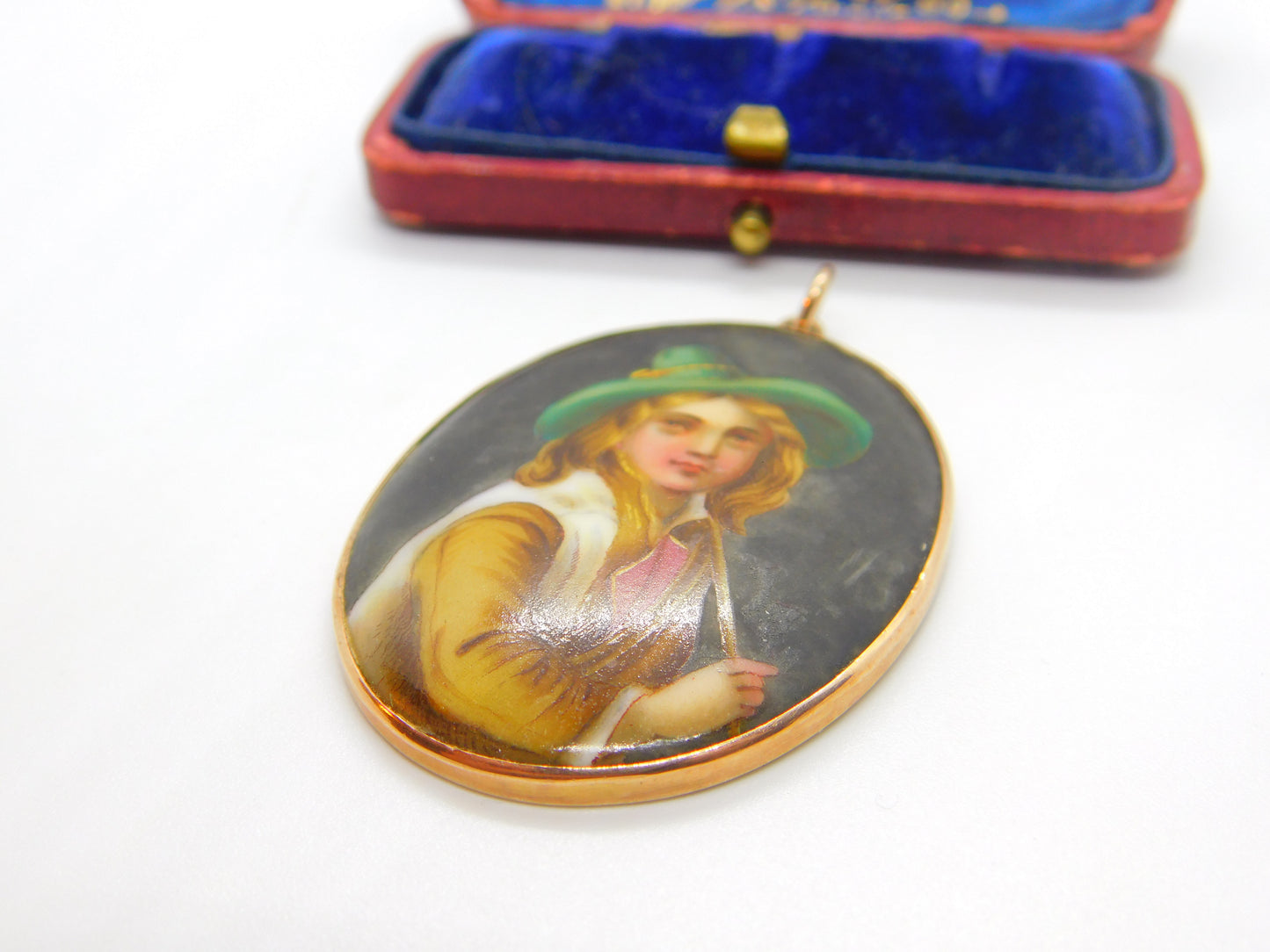 Victorian 9ct Rose Gold Mounted Painted Porcelain Portrait Pendant Antique c1880