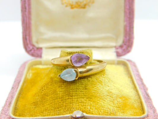 9ct Yellow Gold, Aquamarine & Amethyst Crossover Ring Vintage c1990 Sheffield