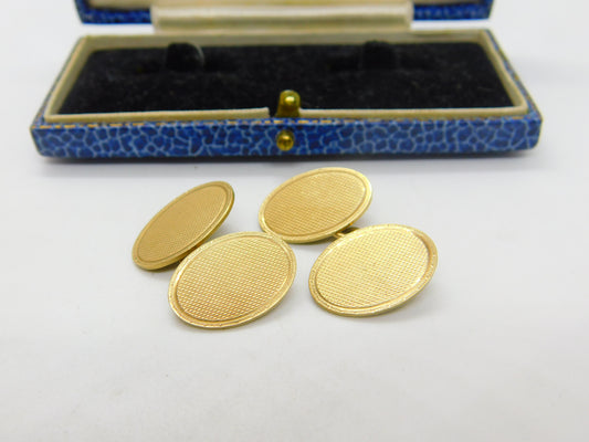 Pair of 9ct Yellow Gold Oval Form Engine Turned Cufflinks Antique 1928 Art Deco