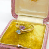 9ct Yellow Gold, Aquamarine & Amethyst Crossover Ring Vintage c1990 Sheffield