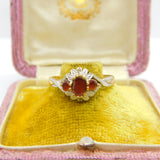 9ct Yellow Gold, Garnet & Diamond Floral Band Ring Vintage c1990 Birmingham