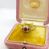 9ct Yellow Gold, Garnet & Diamond Floral Band Ring Vintage c1990 Birmingham