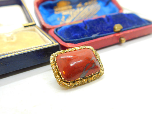 Victorian Rolled Gold & Red Jasper Floral Cushion Brooch Pin Antique c1890