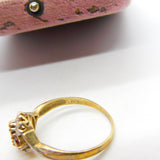 9ct Yellow Gold, Garnet & Diamond Floral Band Ring Vintage c1990 Birmingham