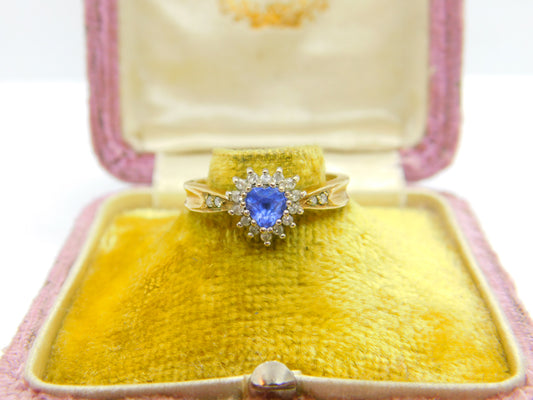 9ct Yellow Gold Heart Shaped Sapphire & Diamond Band Ring Vintage c1980