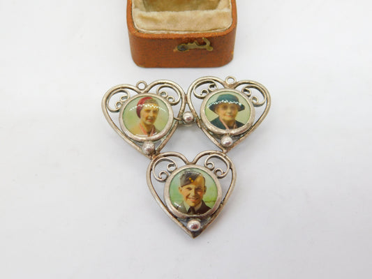 WWII Sterling Silver Enamel Three Frame Heart Sweetheart Brooch c1940 Antique