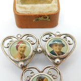 WWII Sterling Silver Enamel Three Frame Heart Sweetheart Brooch c1940 Antique
