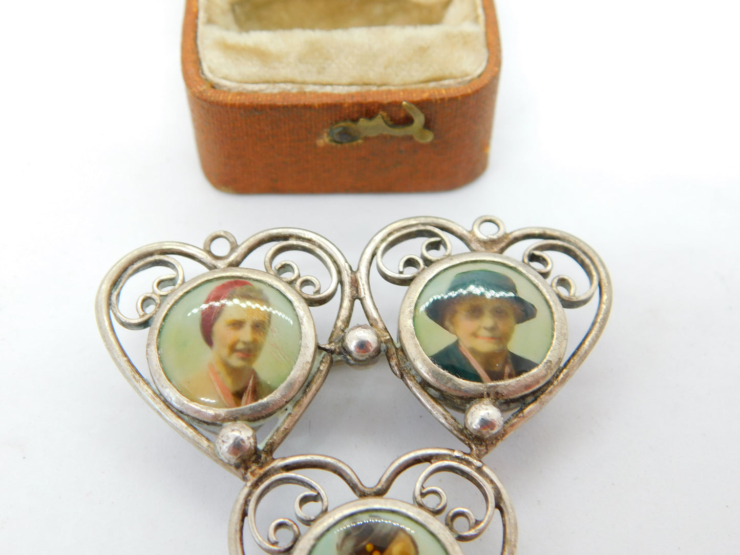 WWII Sterling Silver Enamel Three Frame Heart Sweetheart Brooch c1940 Antique