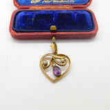Edwardian 9ct Yellow Gold, Amethyst & Seed Pearl Heart Form Drop Pendant c1910