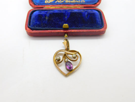 Edwardian 9ct Yellow Gold, Amethyst & Seed Pearl Heart Form Drop Pendant c1910