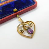 Edwardian 9ct Yellow Gold, Amethyst & Seed Pearl Heart Form Drop Pendant c1910