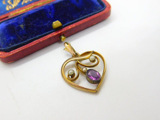 Edwardian 9ct Yellow Gold, Amethyst & Seed Pearl Heart Form Drop Pendant c1910