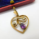 Edwardian 9ct Yellow Gold, Amethyst & Seed Pearl Heart Form Drop Pendant c1910