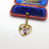 Edwardian 9ct Yellow Gold, Amethyst & Seed Pearl Heart Form Drop Pendant c1910