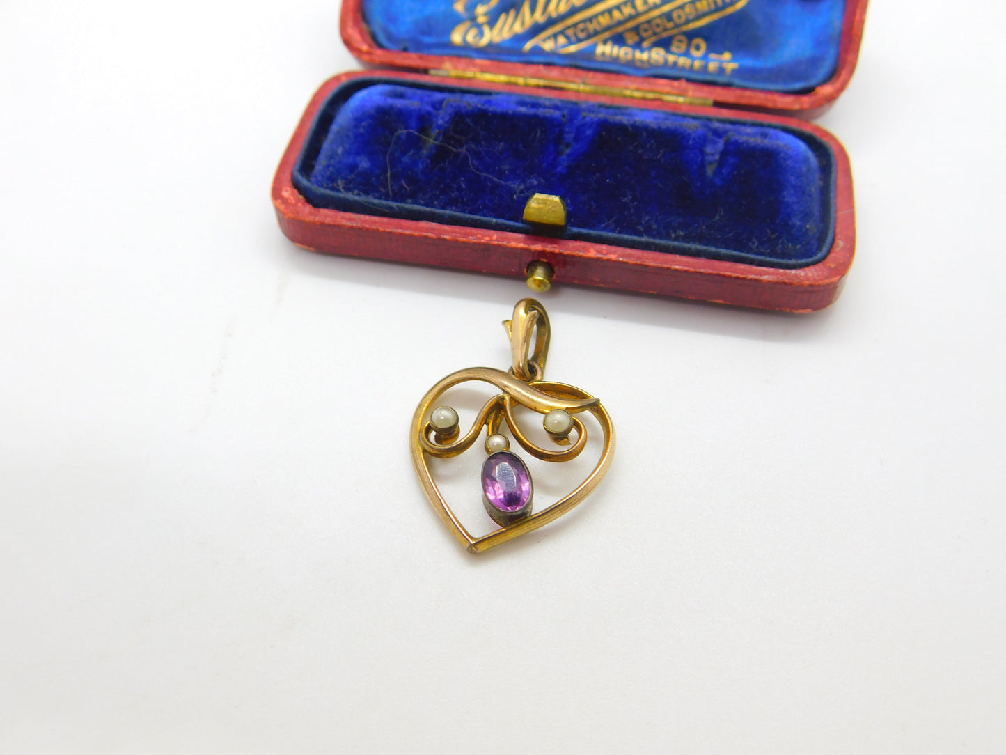 Edwardian 9ct Yellow Gold, Amethyst & Seed Pearl Heart Form Drop Pendant c1910