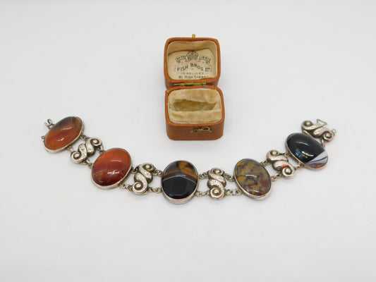 Victorian Scottish Sterling Silver Cabochon Agate Panel Bracelet c1860 Antique