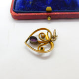 Edwardian 9ct Yellow Gold, Amethyst & Seed Pearl Heart Form Drop Pendant c1910