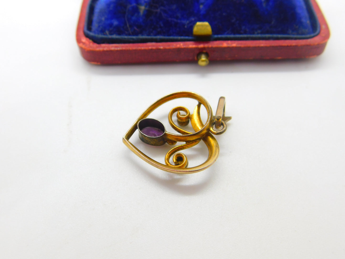 Edwardian 9ct Yellow Gold, Amethyst & Seed Pearl Heart Form Drop Pendant c1910