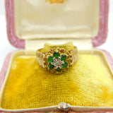 9ct Yellow Gold, Emerald & Diamond Floral Cluster Ring Vintage 1978 London